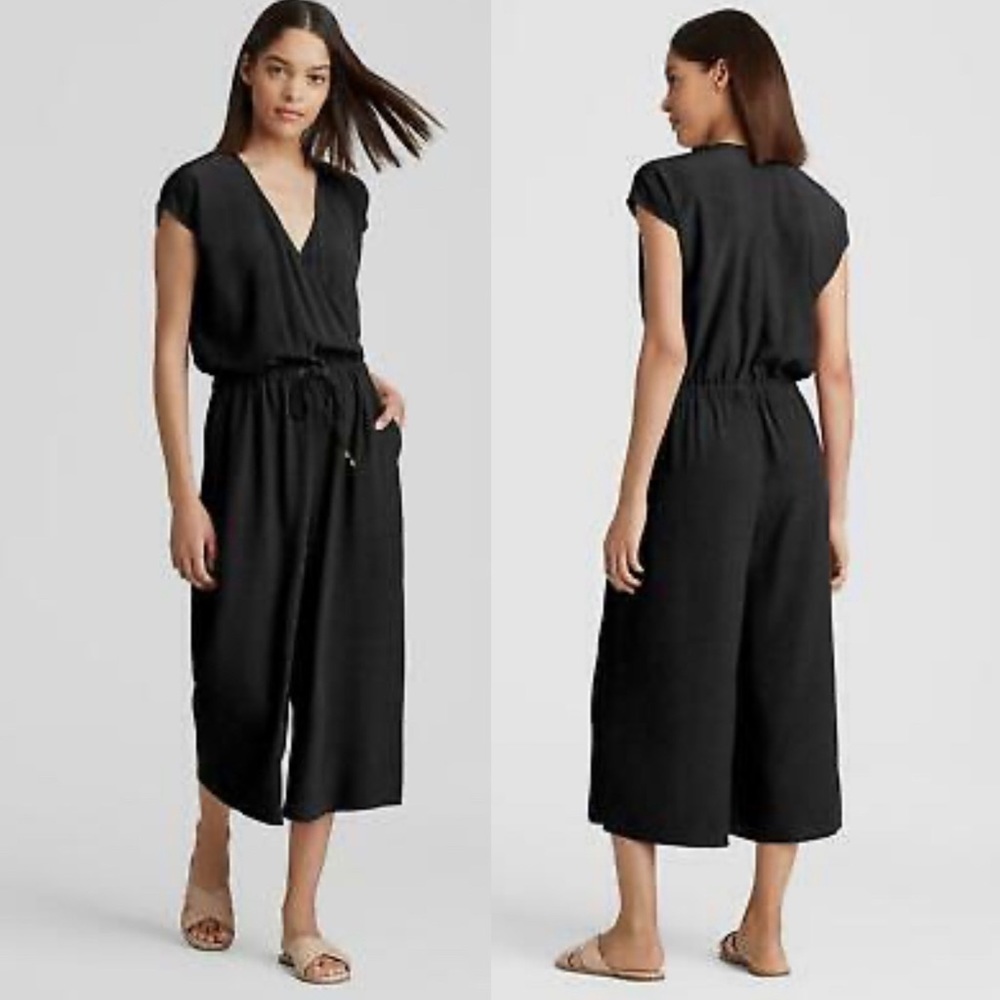 Eileen Fisher Black V-Neck Cropped Jumpsuit - Picture 2 of 12